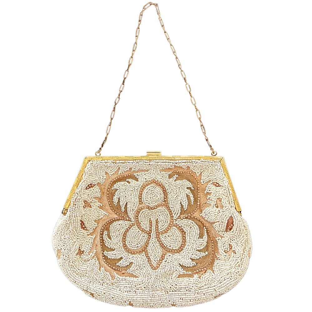 Vintage 1940s 1950s Beaded Evening Purse Gold Frame Chain Floral Bridal Bag